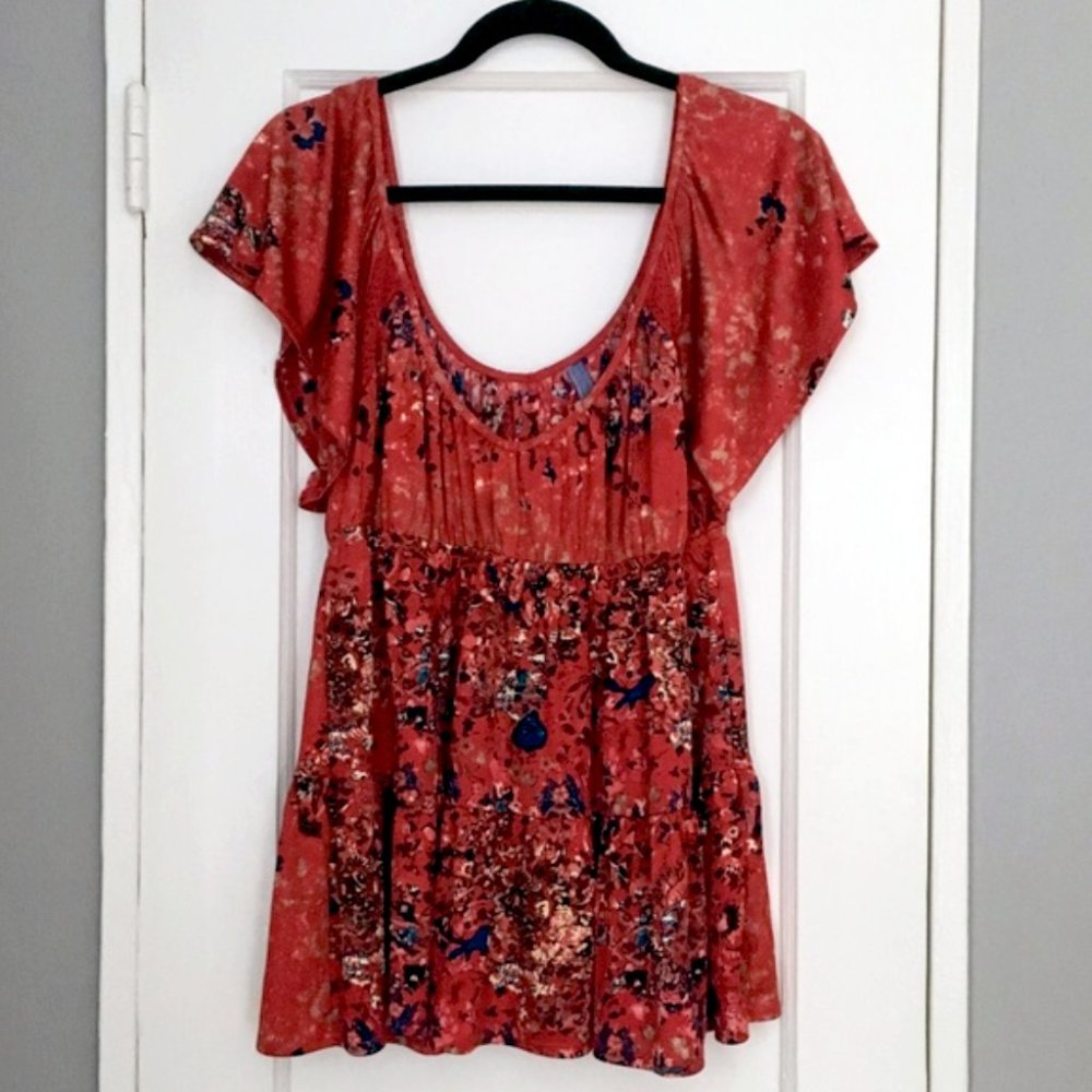 Free People Red Patterned Babydoll Top M Boho Flowy Tunic Peasant Blouse